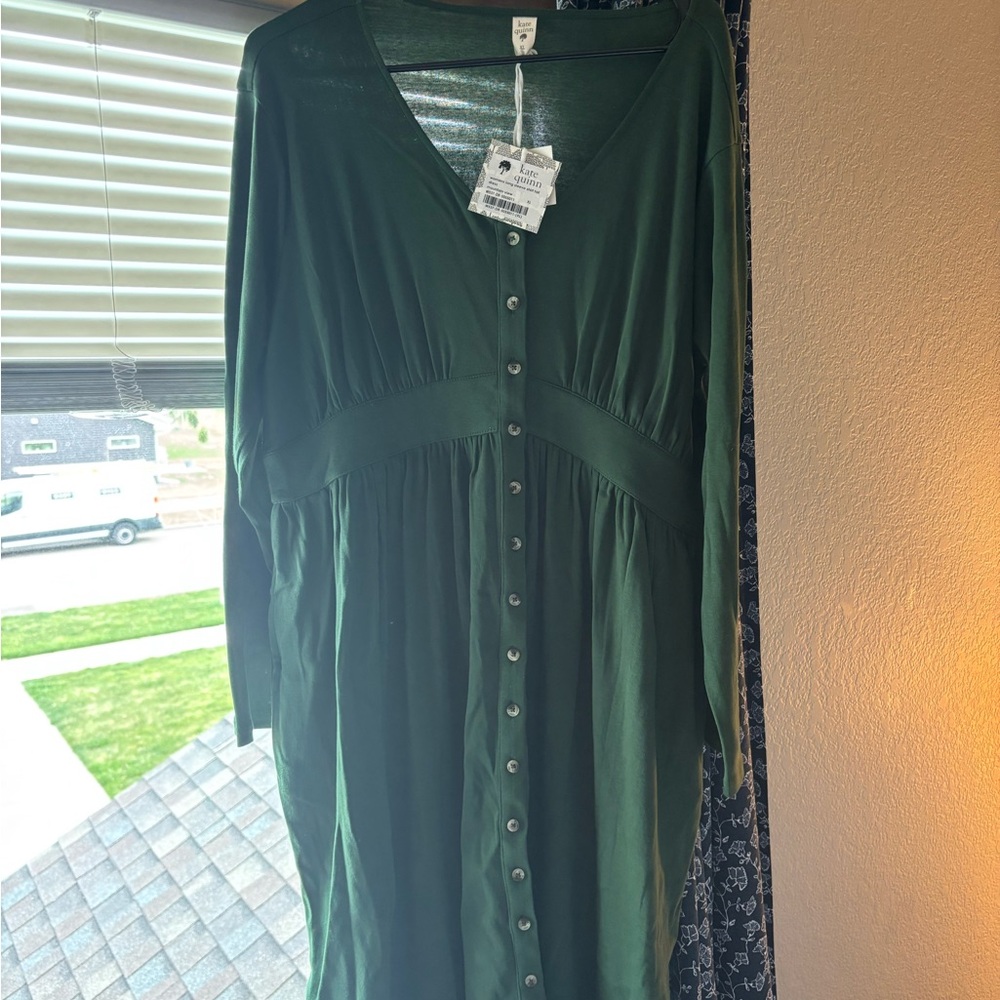 kate quinn Forest Green Long-Sleeve Button-Front Dress
